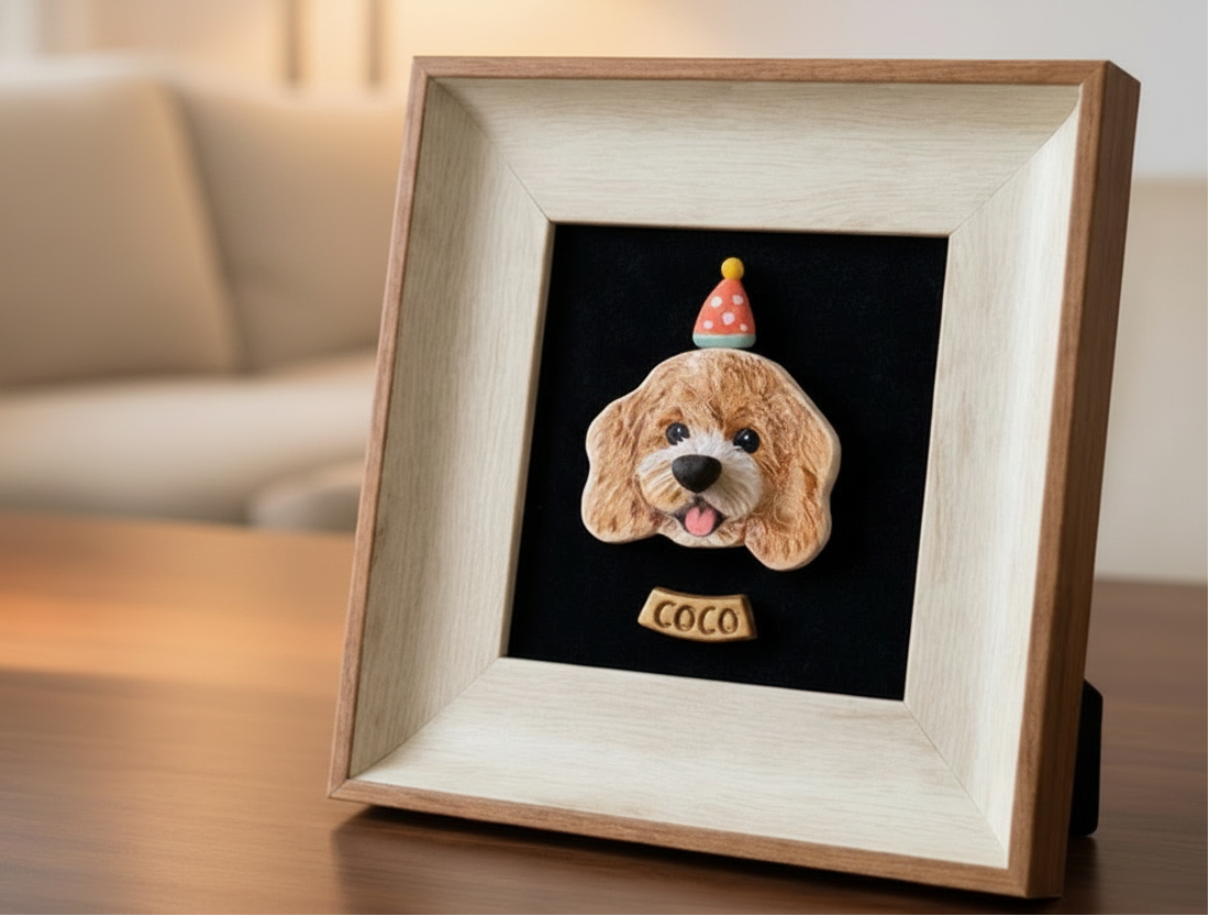 A framed custom pet portrait of a Corgi with a party hat and the name 'PINS' on a black background, displayed on a wooden desk next to a computer monitor, keyboard, notebook, and small succulent.