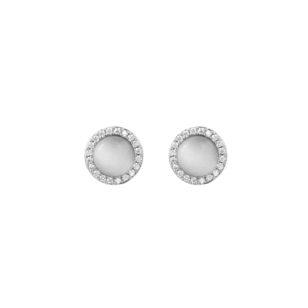 Pair of silver earrings with round studs on a white background