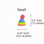 A small rainbow-striped party hat with a red pom-pom on a plain white background, labeled 'Small' with red dimension arrows showing height and width in millimeters and inches.