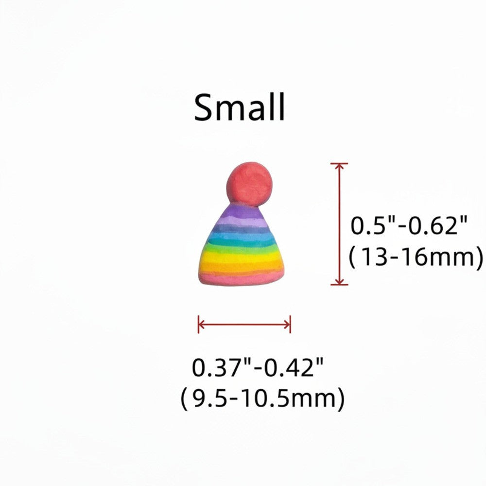 A small rainbow-striped party hat with a red pom-pom on a plain white background, labeled 'Small' with red dimension arrows showing height and width in millimeters and inches.