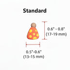 A size diagram labeled 'Standard' showing a small decorative mushroom-shaped item with a brown cap, orange body, and yellow spots. Red dimension lines indicate a height of 0.
