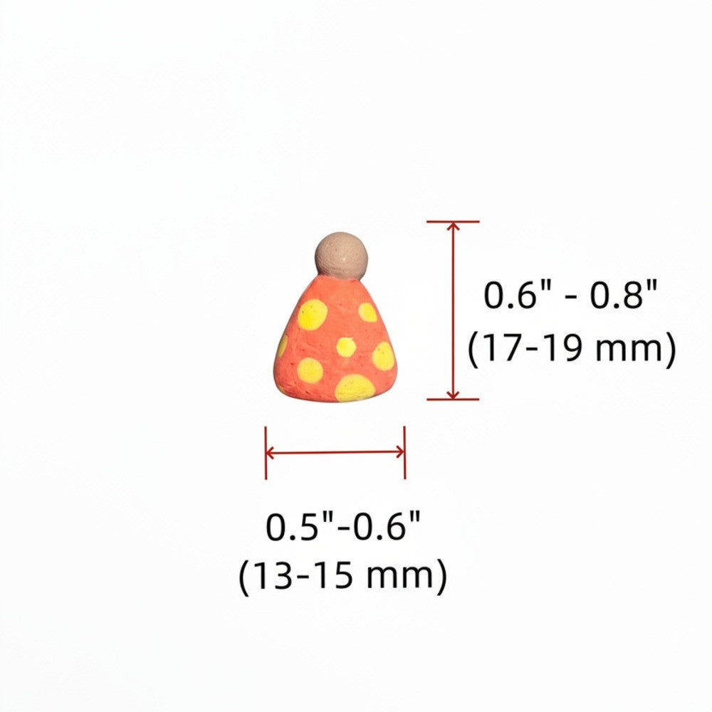 A small decorative figurine or ornament with a rounded tan top, orange body, and yellow polka dots, shown with red dimension arrows and text indicating height 0.6" - 0.