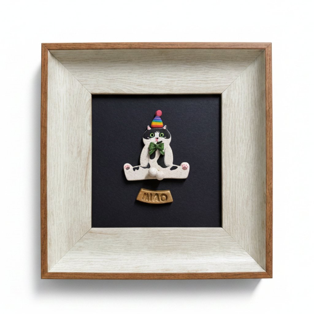 A square framed art piece featuring a small white cat figurine sitting cross-legged on a black background, wearing a colorful party hat and green bow tie, with a small wooden plaque below. The piece is housed in a light natural wood frame against a white background.