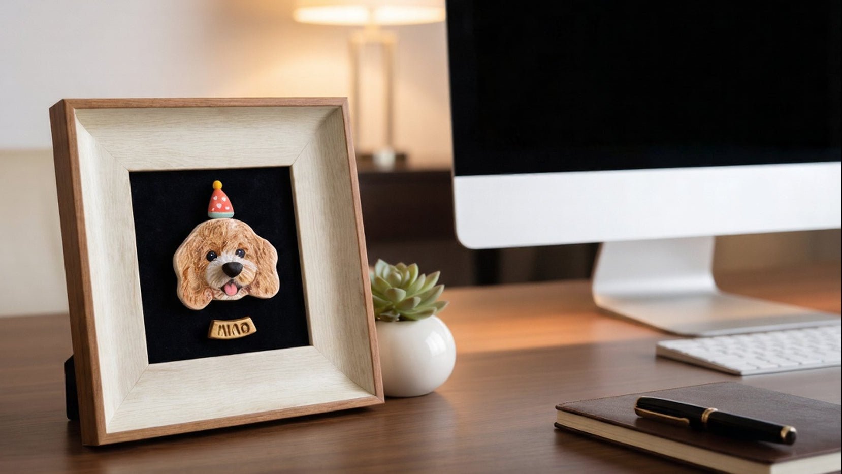 A framed custom pet portrait of a Corgi with a party hat and the name 'PINS' on a black background, displayed on a wooden desk next to a computer monitor, keyboard, notebook, and small succulent.