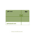 A $50 gift card from Spinny Luck, featuring an olive green design with a gift box illustration and a white bottom section containing the website spinnyluck.com.