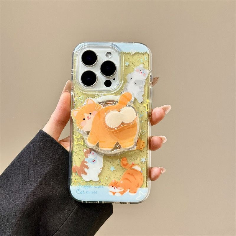 Phone case with cartoon cat design held by a hand against a beige background