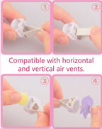Four-panel instructional graphic showing hands demonstrating how to insert a white plastic clip into horizontal and vertical air vents, with pink text in the center reading 'Compatible with horizontal and vertical air vents.'.