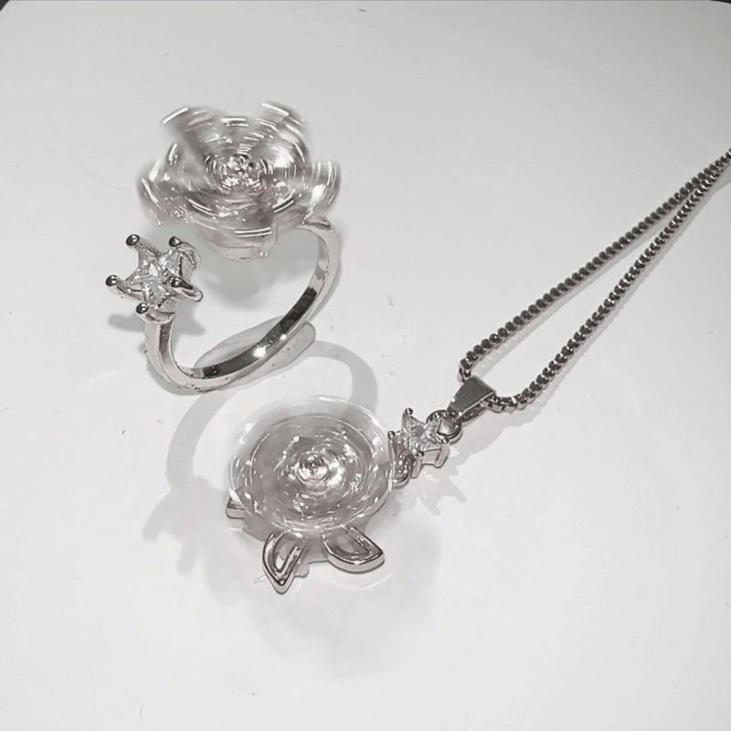 Silver jewelry set with turtle-shaped pendant and ring on a white background