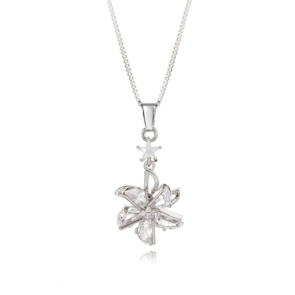 A silver-tone flower pendant necklace on a delicate box chain, featuring clear cubic zirconia stones in a starburst flower design with a small star accent above it, set against a plain white background.