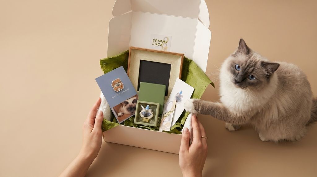 A person's hands hold an open white gift box filled with pet-themed items, including a small framed picture, cards, and a green box, while a fluffy gray and cream cat sits beside the box on a beige background. The inside of the box lid shows the brand name 'SPINY LUCK'.
