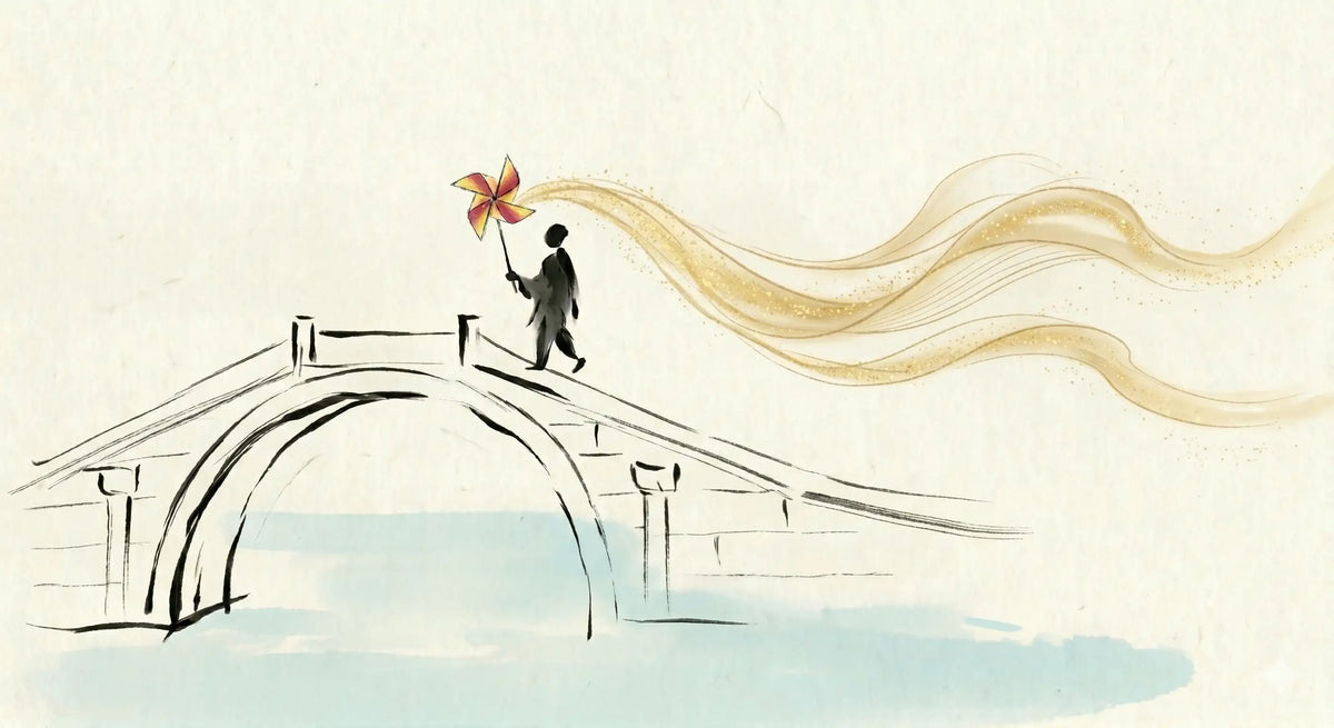 Illustration of a person standing on a bridge holding a windmill over water.