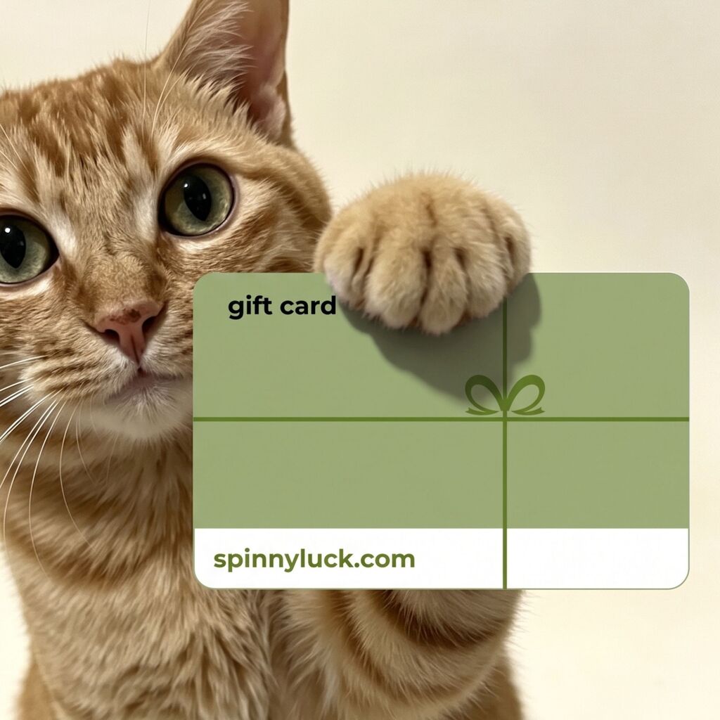 An orange tabby cat holds up a green gift card with its front paw, against a plain light beige background. The card reads 'gift card' and 'spinnyluck.