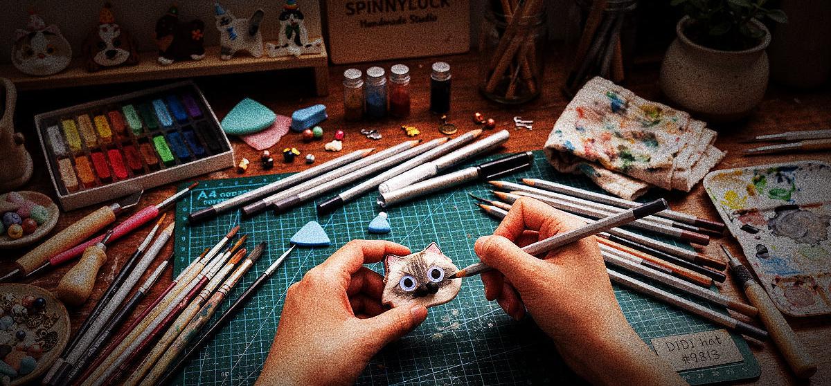 Hands holding a small clay or ceramic figure while working at a green cutting mat surrounded by art supplies, including paintbrushes, watercolor paints, and a palette, in a studio setting.